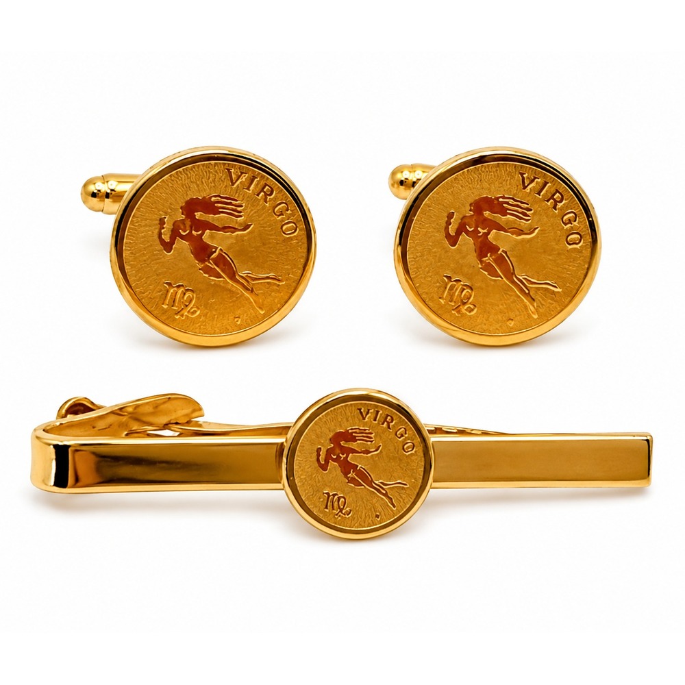 Dante Gold Tone Etched Virgo Zodiac Astrological Sign‎ Cufflinks Tie Bar Set